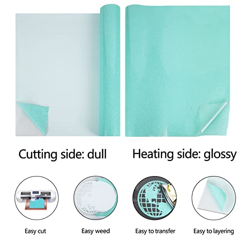 Image of guangyintong Glow Glitter Cyan Heat Transfer Vinyl HTV Rolls, 12 inch x 8ft Iron on Vinyl for T-Shirts, Glitter HTV Vinyl for All Cutter Machines Easy to Cut & Weed for DIY Design