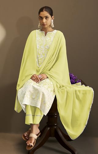 Image of DRESOUL Women Pure Cotton Schiffli Embroidered Kurta Set and Dupatta