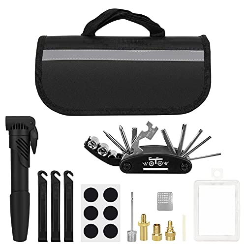 WOTOW Bike Tyre Repair Kit, Cycling Repair Tools with Mini Bicycle Pump & 16 in 1 Multi-Function Bike Repair Tool & Tyre Levers & Glueless Tube Patch & Portable Bike Bag Practical Tool Set (Black)