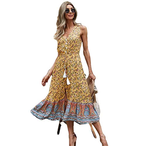 Robe d'été bohème sans manches jaune safrané à boutons