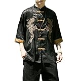 Golden Dragon Embroidery Shirt Men Ice Silk Casual Short Sleeve Tops Retro Kung Fu Traditional Shirts Black L