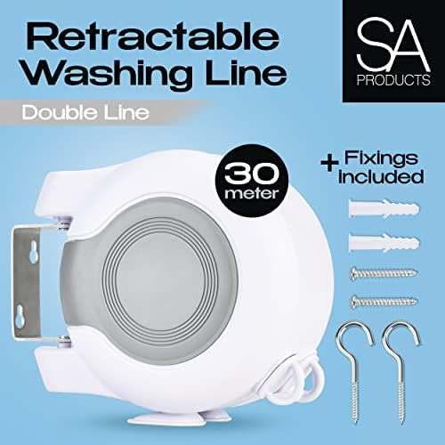 SA Products Retractable Washing Line - 30m Clothes Line Retractable - Extendable Wall Mounted Twin Cable Washing Line - Heavy Duty Clothes Line Retractable - Ideal For Indoor & Outdoor Use - 18x9x16cm