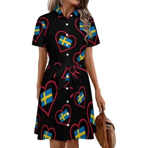 Robe chemise I Love Sweden pour femme - Coupe midi rouge à boutons et manches courtes pour l'été