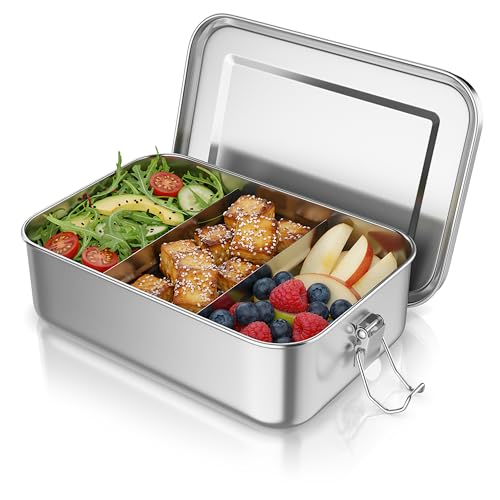 Arendo - Lunchbox Edelstahl – Brotdose 1400 ml – mit Fächern – zwei entnehmbare Trennwände - auslaufsicher dank Silikondichtung - Metall lebensmittelecht - Kinder und Erwachsene