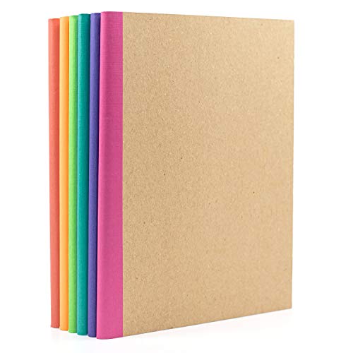 6 Pack Composition Notebook Journal- Kraft Cover with Rainbow Spines, Multi-Color Bright Linen Tape Bound Binding- Lined Paper- small size 8 in by 5.75 in- notes, travel, office, home and school