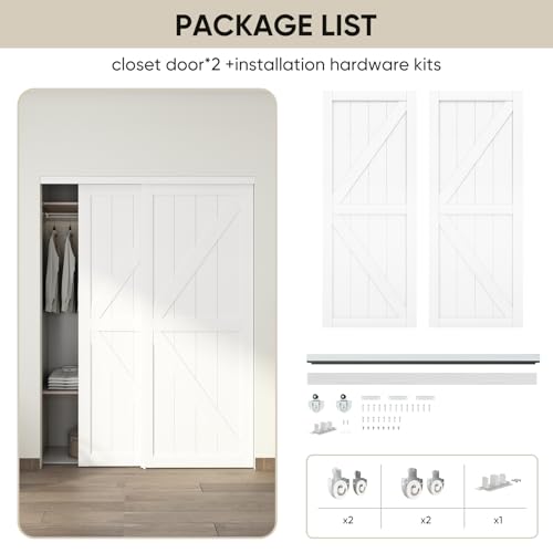 JUBEST 60"(Double 31") x80" Sliding Closet Door, K Style Bypass Closet Door with Hardware Kit & Matching Fascia, Preassembled Solid Wood Slab with Water-Proof PVC Surface, Easy to Install, White - Image 4