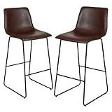 Flash Furniture Reagan 30' LeatherSoft Barstools with Footrest, Mid-Century Modern Bucket Style Bar Height Stools, Set of 2, Dark Brown