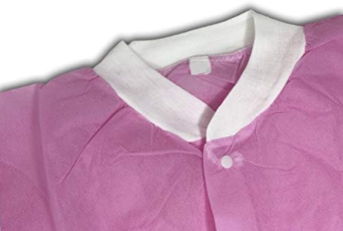 Professional Smooth and Soft Non-Woven Disposable Lab Jacket w/Knit Cuffs and Collar, 5 Snap-on Buttons and 3 Large Front Pockets. Latex Free and Fluid Resistant. 10 PCS/PACK (Small, Pink)