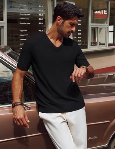 PJ PAUL JONES Men's T-Shirts Modern Fit V Neck Knit Shirts Textured Herringbone Knitwear3