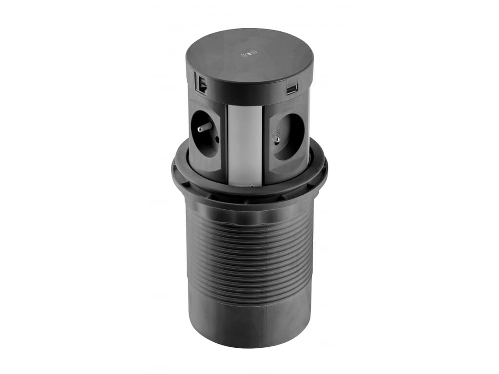 GTV Prise de table encastrable Comfort Plus 120 mm, 4 x français, 2 x USB, 2 x RJ45, charge à induction 5 W, câble de 1,5 m, noir - Solution élégante et puissante