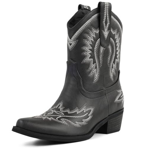 Image of LingxiaUne Cowboy Boots for Women Floral Cowgirl Boots with Pointed Toe and Chunky Heel Mid Calf Western Boot for Concert Festival Country Night Party