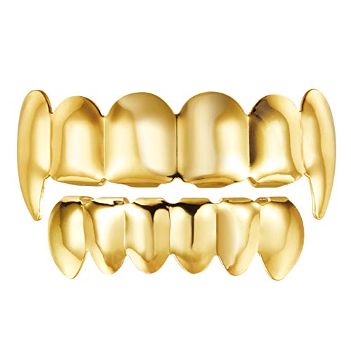 NUOBESTY Mouth Top Bottom Hip Hop Teeth, Gold Teeth Caps for Men and Women, Shiny Teeth Braces for Adults