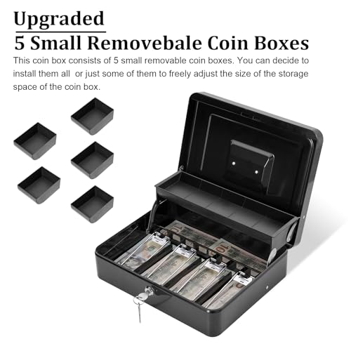 Polspag Caixa para dinheiro com cadeado e 2 chaves, caixa de dinheiro de metal com bandeja de dinhei