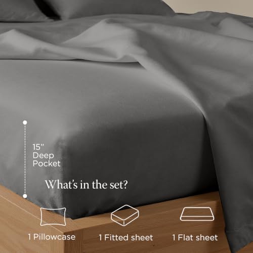 Image of Threadmill 300 Thread Count Cotton Twin Sheet Set, Sateen, Solid, Dark Grey
