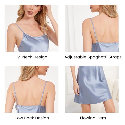THXSILK Women's Sexy Silk Nightgown, 100% Mulberry Silk Sleepwear Round Neck Spaghetti Strap Chemise Short Slip Dress3