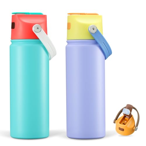 Temolulu 2 PACK 18 OZ Water Bottle for Kids, Stainless Steel Double Insulated Sports Water Bottle, Leak Proof Straw Cup for School, Gifts and Travel, BPA Free (Light Turquoise, Purple)