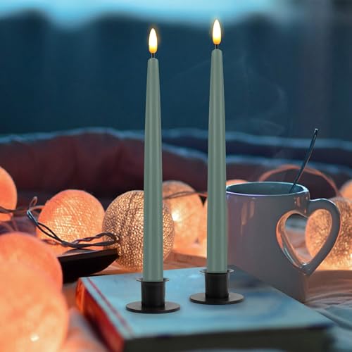 Image of CVHOMEDECO. Flameless Taper Candles with 10-Key Remote, Battery Operated Led Flickering 3D Wick Window Candles Real Wax Finished Home Christmas Party Decor 0.78 x 11 Inch, Pack of 2, Grey Green