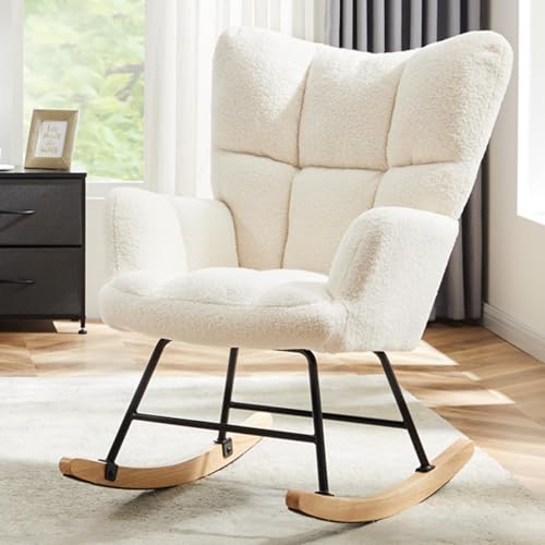 HealSmart Nursery Rocking Chair Teddy - Upholstered Comfy Glider Rocker with High Back Armchair, Cozy Reading Recliner Fluffy Comfortable Chair for Bedroom, Baby Room, Living Room and Study, Beige