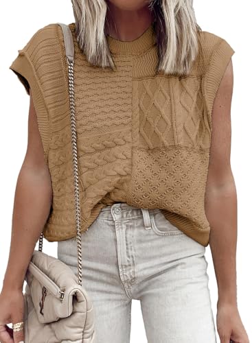 Image of EVALESS Womens Short Sleeve Sweater Summer Fall 2025 Round Neck Crochet Pullover Cap Sleeve Knit Oversized Sweater Vest Tops