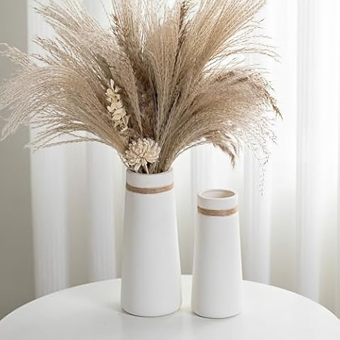 Matte White Cylinder Ceramic Flower Vase of 2, Mid Century Minimalist Vases for Modern Boho Ins Style Coffee Table Shelf Home Decor, Living Room Centerpieces Decorative (M 8.3 in + Large 10 in) Cover