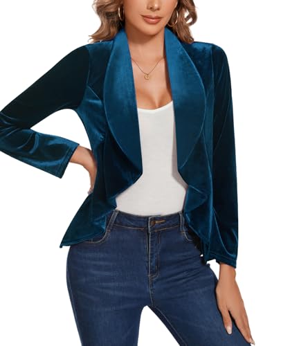 MINTLIMIT Velvet Blazers for Women Casual Work Office Long Sleeve Open Front Cardigan Ruffle Suit Jacket Coat Blazer3
