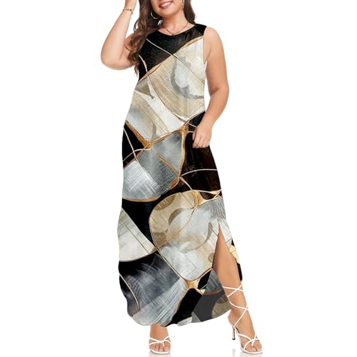 Image of Wolddress Womens 2026 Plus Size Sleeveless Tank Dress Casual Loose Sundress Split Summer Beach Long Maxi Dresses with Pockets