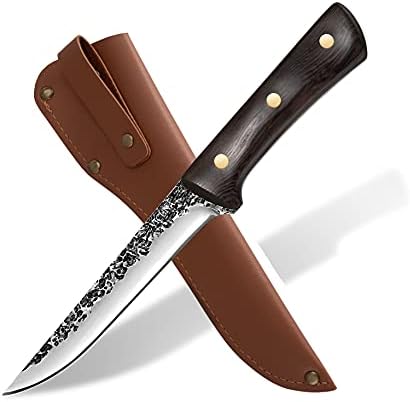 VICUNA 6 inch Straight Boning Knife with Leather Sheath Fillet Knife Kitchen Knives for Poultry and Fillet Fish Curved Flexible Blade for butcher beef Boning Filleting and Trimming