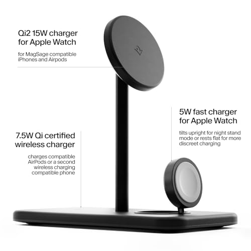 Image of Twelve South HiRise 3 Deluxe Twelve South 3-in-1 MagSafe + Qi2 Charging Stand for iPhone, Watch, and AirPods, Black