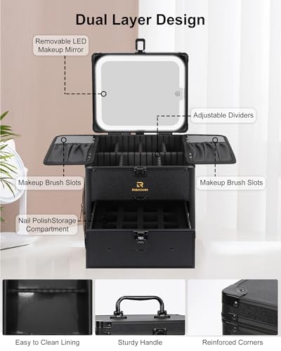 Image of Relavel Makeup Bag with LED Mirror, Dual Layer Cosmetic Train Case with Light up Mirror Large Travel Makeup Artist Organizer Bag for Women with Adjustable Dividers & Nail Polish Organizer, Black