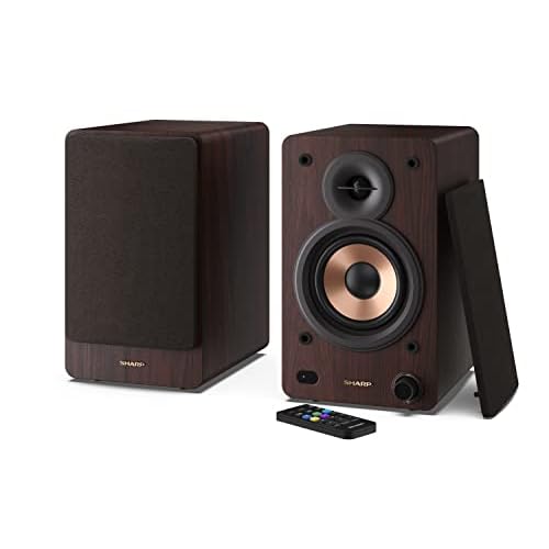 Sharp CP-SS30(BR) 60W RMS (2x 30W) 2-way Active Bookshelf Speakers – Wireless Studio Monitors with Bluetooth v5.0 Audio Streaming, USB Playback, Optical, AUX & RCA input – Brown