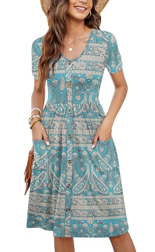 AIOIDI Vestidos de Verano para Mujer Mangas Cortas Escote en U Casual Swing Cintura elástica Vestido Midi con Bolsillos A-Imprimir Azul L
