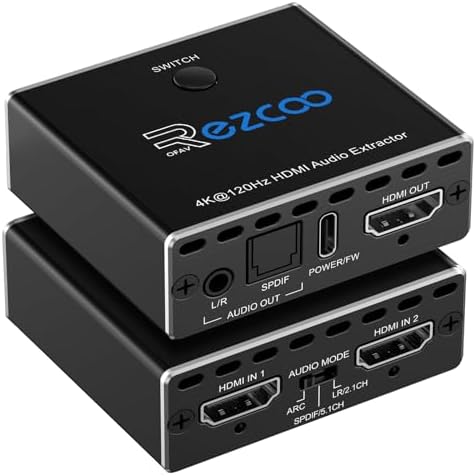 4K@120Hz HDMI 2.1 Audio Extractor 2 in 1 Out VRR, ALLM, CEC, ARC, SPDIF, Dol-by Vision, HDCP 2.2 2.3 Bypass,HDR10 4:4:4 8 bit, for Nvi-Dia, AMD, PS5, Xbox, TV Box, Roku, Blu-ray, Laptop