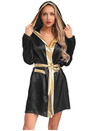 iiniim Womens Boxer Halloween Boxing Costume Satiny Glossy Hooded Boxing Robe with Belt Set Black 14