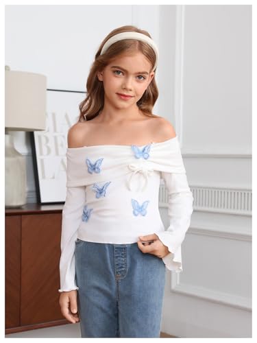Image of Verdusa Girl's Y2K 3D Butterfly Off The Shoulder Tops Bow Tie Flare Sleeve Ruched T Shirt