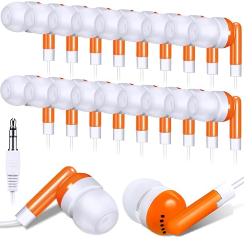 Image of Konohan 100 Pcs Bulk Earbuds with Wire Basic Headphones in Ear for Libraries Laptop, No Microphone 3.5 mm Jack Earbuds Dot Headphones, Individually Bagged (Orange)