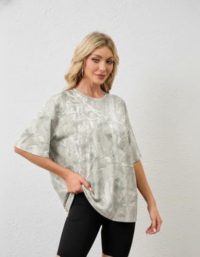 Image of MSBESYOR Camo Shirt for Women Maple Leaf Print Short Sleeve Crewneck T-Shirts Summer Oversized Tee Shirts Streetwear