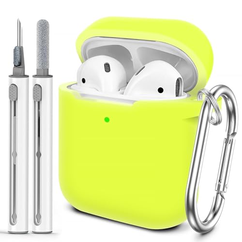 Woyinger for AirPods Case Cover, Come with Cleaner Kit, Soft Silicone Protective Cover with Buckle, Compatible with AirPods 2nd 1st Generation Charging Case, Front LED Visible, Bright Yellow