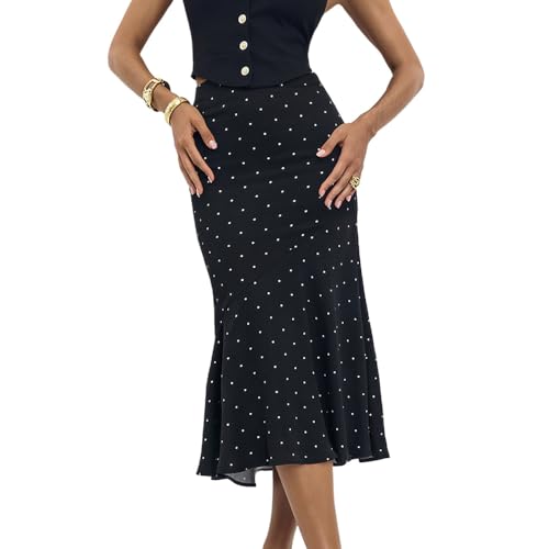 Womens Midi Skirts Y2K Sheer Mesh Polka Dot Skirt Lightweight Flowy Wrap Fishtail Skirt Streetwear