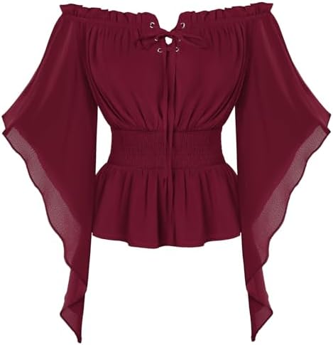SCARLET DARKNESS Damen Renaissance Corsagenbluse Schulterfrei Trachtenbluse | Schnürkragen mit Rüschen, Glockenärmel, Elastische Taille, Mittelalter Kleidung Bluse Damen