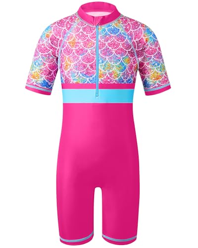 HUAANIUE CocoTree - Traje de baño para niñas de 2 a 12 años con corazón y protección solar UV 50 +, 23 bañadores cortos Ahotpinkscale, 5-6 años