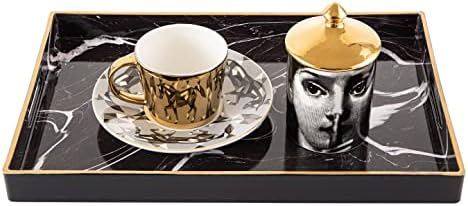 Sabreon Marbling Plastic Tray with Handles - Sturdy Decorative Tray Multifunction Rectangular Tray Easy to Clean Suitable for Coffee,Breakfast,Dessert, 15.6” x 10.2” (Black)