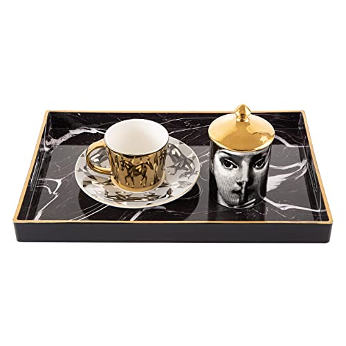 Sabreon Marbling Plastic Tray With Handles - Sturdy Decorative Tray Multifunction Rectangular Tray Easy To Clean Suitable For Coffee,Breakfast,Dessert, 15.6” X 10.2” (Black) #TOP3