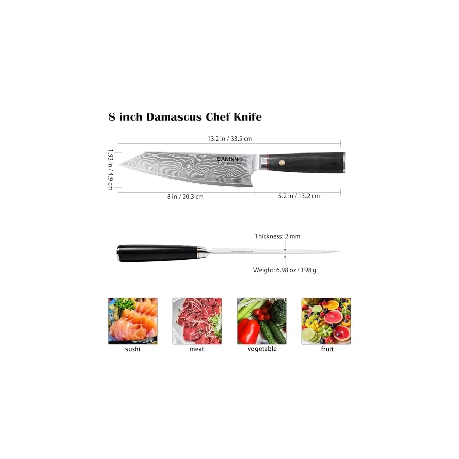 EANINNO Chef Knife 8 inch Japanese Damascus Kitchen Knife, Sharp Vg10 Chefs Knife 67 Layers High Carbon Damascus Stainless Steel Professional Cutting Knife
