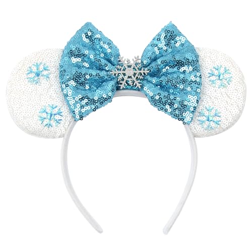 bianbaistar Snowears Velvet Headband with Big Ears for Women Girls & Boys - Sparkle Sequins Hair Accessory for Trips (Bluesnowbow)