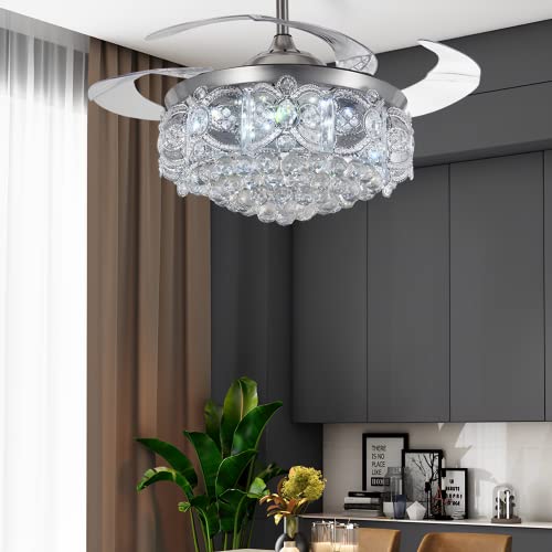 Fine Maker 42" Modern Crystal Ceiling Fan With Light Remote Control Silver Chandelier Fan 3 Colors Led Light 3 Speeds Air Circulation Retractable Fandelier For Dinning Room Bedroom #TOP7