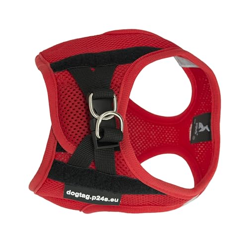 P24S SMART Step-In Hundegeschirr mit 2 kostenlosen personalisierte Namensaufkleber Klettsticker Wunschetikette für kleine Hunderassen mit Digital Hundefinder Dienst (Rot, S (Brust 46-57 cm))