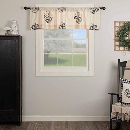 Piper Classics Lydia Black Floral Valance Curtain, 16\" x 72\", Vintage Farmhouse Boho Style Flower Print Window Treatments, Cream & Black