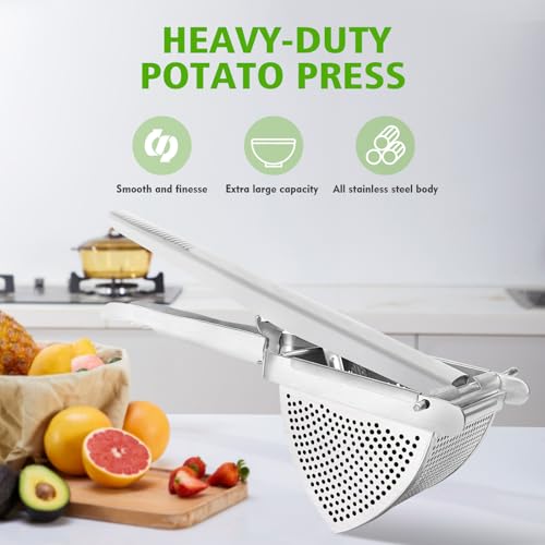 LHS Heavy Duty Potato Ricer and Masher, Stainless Steel Potato Masher, Business Fruit Masher and Food Press for Commercial and Home Use, All Sides Holes
