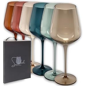 Saludi Colored Wine Glasses, 16.5oz (Set of 6) Stemmed Multi-Color Glass – Great for all Wine Types and Occasions – Luxury, Durable, Hand-Blown