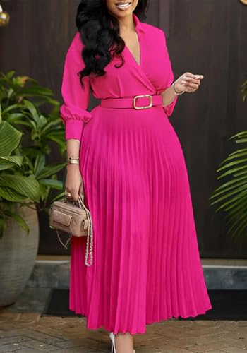 Image of Famnbro Womens Pleated Dress V Neck Long Sleeve A line Church Formal Works Business Dresses with Belt